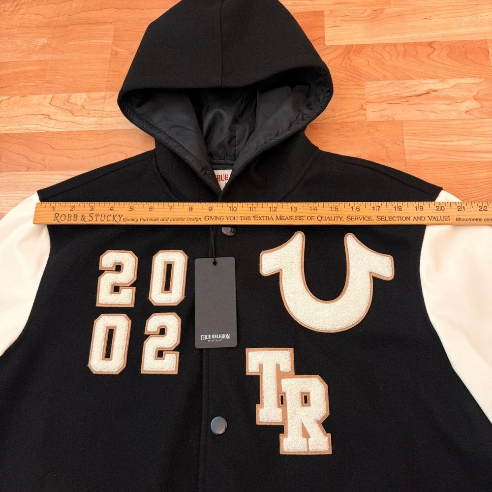 True Religion Mens NEW Varsity Jacket Jet Black White Letterman 108284 L